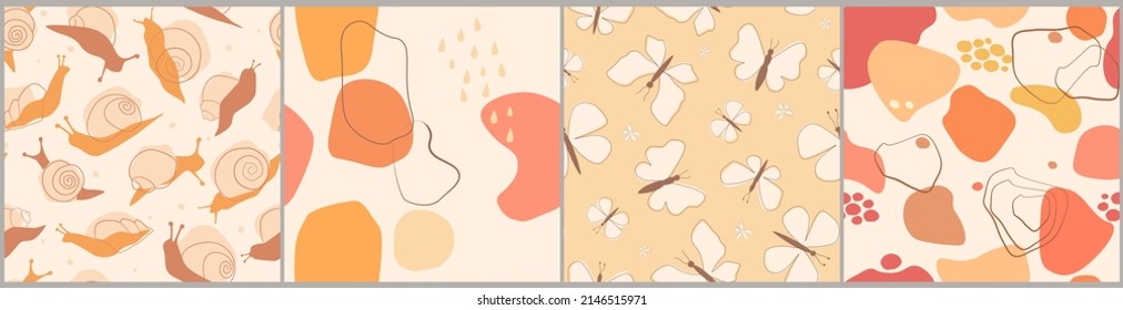 A set of seamless pattern with slugs, snails, butterflies, simple shapes. Abstract simple linear animal print. Vector graphics.