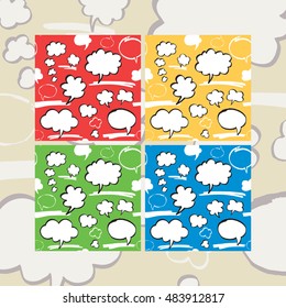 Set of seamless pattern with speech bubbles and thought clouds in cartoon style. Four color variants. Hand drawn by felt pen. Vector eps8 endless texture.