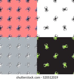Set of Seamless Pattern with Spiders. Hand drawn vector illustration. Halloween background.