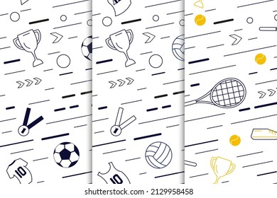 Set of seamless pattern from sport equipment and dynamics lines. Sport accessories isolated on white background. Contemporary Flat Vector Illustration