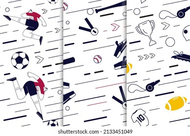 Set of seamless pattern from sport equipment and dynamics lines. Sport accessories isolated on white background. Contemporary Flat Vector Illustration