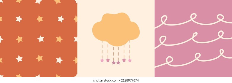 Conjunto de patrones sin fisuras con estrellas y 2 afiches con nubes y remolinos. El entorno es rosa y naranja. Ilustración vectorial.	