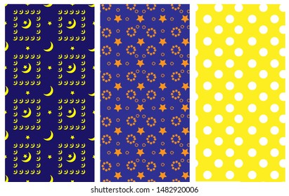set of seamless pattern stars,moon, polka dot vector illustrator 