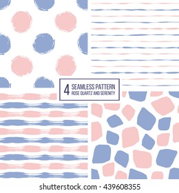 Set of seamless pattern of stripes, polka dots, mosaic spots in color 2016 rose quartz and serenity, seamless background lilac and pink lines, circle, point, stroke, hand drawn vector pattern