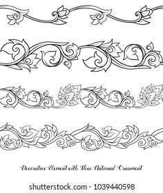 Set of seamless pattern strips with outline decorative elements of traditional Thai ornament. Stock vector illustration. 
