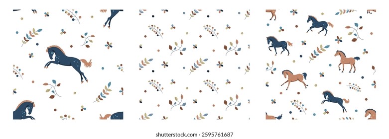 A set of seamless pattern with stylized horses, floral elements, and decorative leaves in earthy tones on a white background