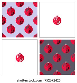 Set of Seamless pattern of stylized red various design spherical flat New Year tree toy with dark and light grey decoration.