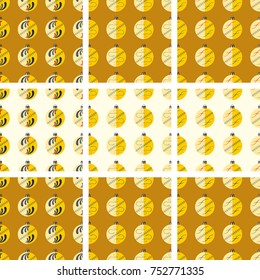 Set of Seamless pattern of stylized yellow various design spherical flat New Year tree toy with red, green and dark blue decoration isolated on background