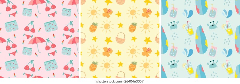 Set of Seamless pattern with summer elements. Creative vector texture with summer elements and items. Vector seamless summer pattern.