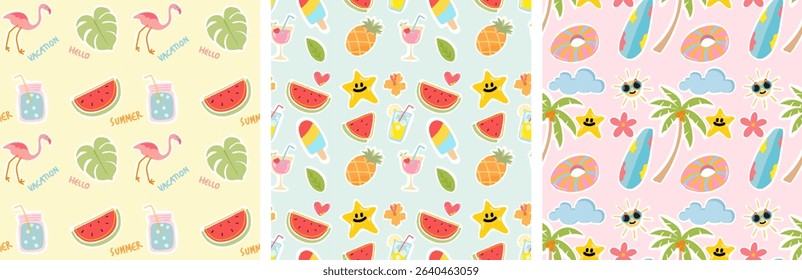 Set of Seamless pattern with summer elements. Creative vector texture with summer elements and items. Vector seamless summer pattern.