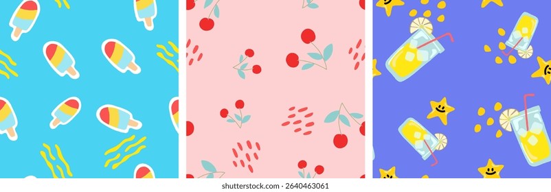 Set of Seamless pattern with summer elements. Creative vector texture with summer elements and items. Vector seamless summer pattern.