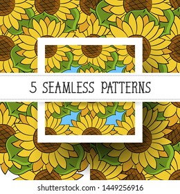 Set Seamless Pattern Of Sunflowers With Green Leaves Vector Illustration