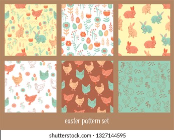 Set of seamless pattern / surface with rabbit, hen, flower, and egg perfect for spring, easter or print. Scandinavian, retro vintage style design.