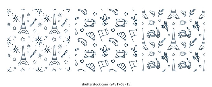 Set seamless pattern of symbols Paris. Travel  doodle Line Art vector Illustration. Hand Drawn.  For  background, card, invitation, pattern, social media. Isolated on white background.