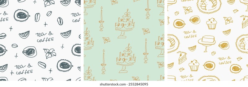 set of seamless pattern with tea, coffee, cakes icons sketch. Creative naive design for cafe menu with drawn doodle elements. Template pattern for wallpapers, textile, wrapping paper etc.