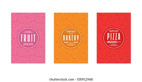 Set of seamless pattern and template labels for bakery, pizza, fruit