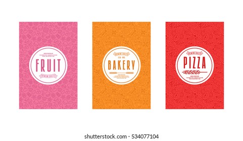 Set of seamless pattern and template labels for bakery, pizza, fruit