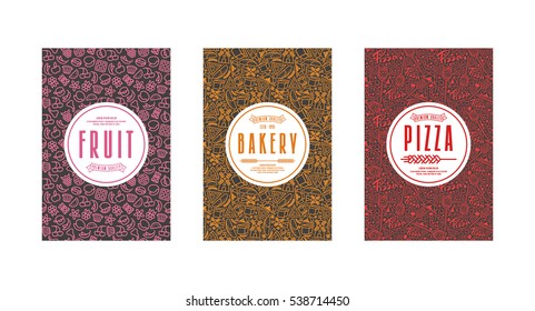 Set of seamless pattern and template labels for bakery, pizza, fruit. Color print on black label