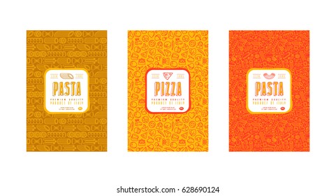 Set of seamless pattern and template labels for pizza and pasta. Design elements in thin line style