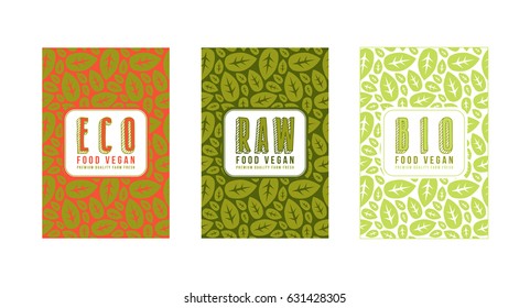 Set of seamless pattern and template labels for vegetarian foods. Set of color variants