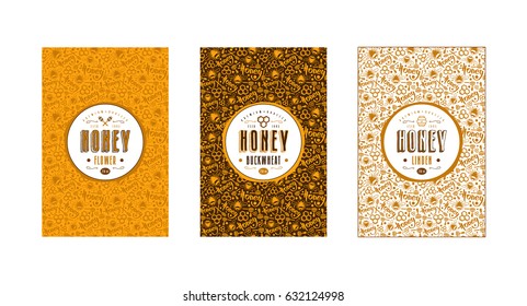 Set of seamless pattern and template labels for flower honey, linden honey and buckwheat honey. Set of color variants