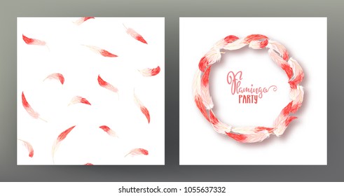 Set of seamless pattern and template of postcard, banner, invitation, gift voucher with pink flamingo feathers. Isolated on white background.