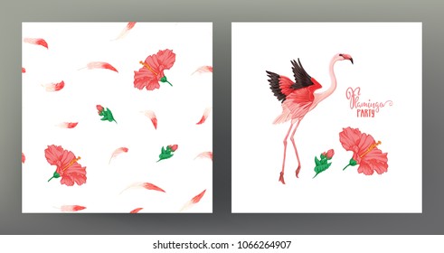 Set of seamless pattern and template of postcard, banner, invitation, gift voucher with pink flamingo and hibiscus. Isolated on white background.