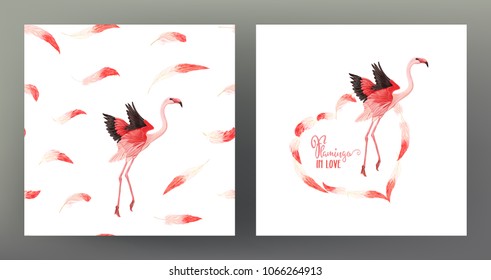 Set of seamless pattern and template of postcard, banner, invitation, gift voucher with pink flamingo and feathers. Isolated on white background.