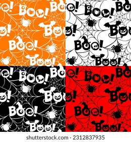 Set seamless pattern with text Boo, spider web, eyes, scull. Flat design. Simple halloween symbols