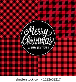 Set Seamless pattern texture. Merry Christmas white hand drawn lettering text inscription. Vector illustration Checkered black and red seamless pattern background. Holiday Happy New Year