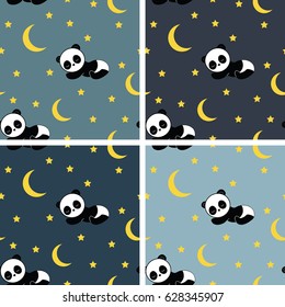 Set of seamless pattern texture night sleeping panda, moon and stars, vector illustration