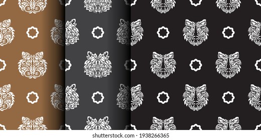 Set Seamless pattern with tiger face in Polynesian style. Good for clothing and textiles. Vector illustration.