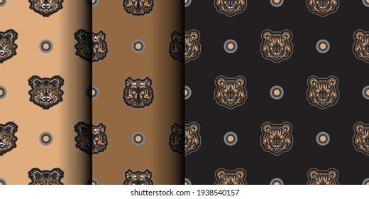 Set of Seamless pattern tiger face in Maori style. Boho tiger face. Good for backgrounds, prints, apparel and textiles. Vector 