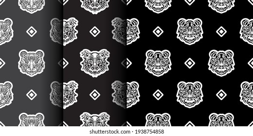 Set of Seamless pattern tiger face in samoa style. Boho tiger face. Good for backgrounds, prints, apparel and textiles. Vector illustration.