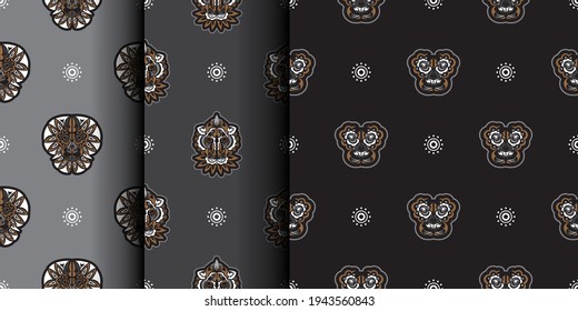 Set Seamless pattern with tiger head in simple boho style. Good for clothing, textiles and prints. Vector illustration.