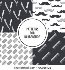 Set of seamless pattern with tools for barber shop, hand drawn illustration. Shaving accessories collection. Overlapping background. Decorative wallpaper, good for printing. Backdrop for male salon