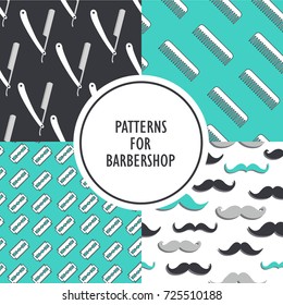 Set of seamless pattern with tools for barber shop, hand drawn illustration. Shaving accessories collection. Overlapping background. Decorative wallpaper, good for printing. Backdrop for male salon