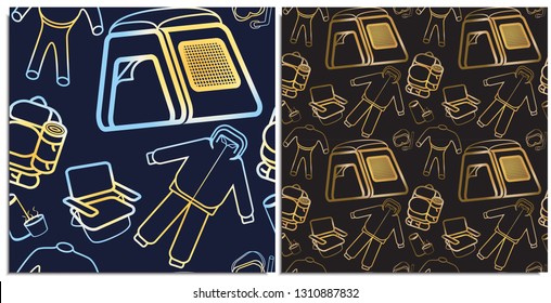 A set of seamless pattern for tourism products or sites dedicated to hiking and various sports, including water sports. Image - is One gradient line, only the outline in a minimalist modern style