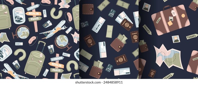 Set of seamless pattern with tourist items. Endless background with luggage, airplane, travel things. Travel around the world, adventure. Great for wallpaper, scrapbooking, fabric