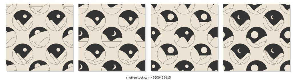Set of seamless pattern of trendy minimalist landscape abstract contemporary collages