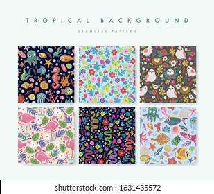 Set of seamless pattern with tropical birds, flowers and fishes. Perfect for greetings, invitations, wrapping paper, textile and web design