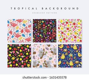 Set of seamless pattern with tropical birds, animals and flowers. Perfect for greetings, invitations, wrapping paper, textile and web design