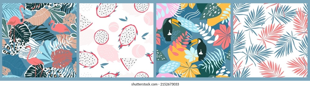 The set is a seamless pattern with a tropical exotic ornament with palm and monstera leaves, toucan birds, flamingos. Summer abstract print. Vector graphics.
