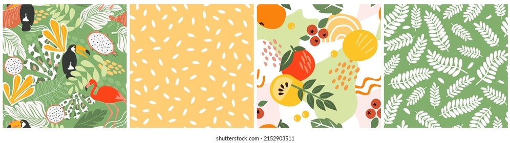 El conjunto es un conjunto sin fisuras con un adorno tropical exótico con hojas de palmera y monstera, fruta, bayas, pájaros toscanos, flamencos. Impresión abstracta de verano. Gráficos vectoriales.