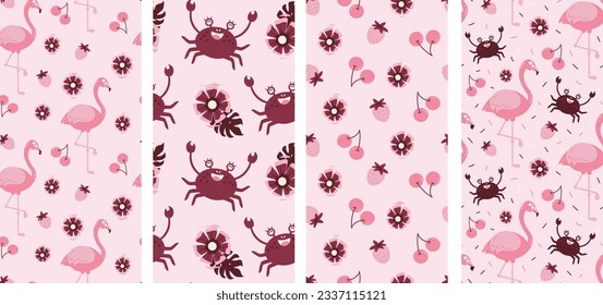 Set of seamless pattern tropical pattern, flamingo and crabs, vectro illustrations, pink design, fruits, floral, strawberry, summer icecream