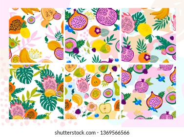 Set of seamless pattern with tropical fruits,shapes and leaves. Editable vector illustration