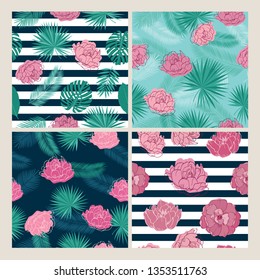 Set of seamless pattern with tropical leaves,  summer pink flowers and stripes for textile, wallpapers, gift wrap, covers, scrapbook. Vector illustration.