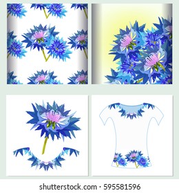 Set of seamless pattern for T-shirt cornflower  Vector illustration