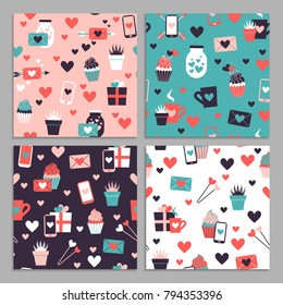 Set of seamless pattern of valentine day icons collection. Set of flat illustrations with heart, gift, cupcake, flower, envelope. Modern colors vector design.