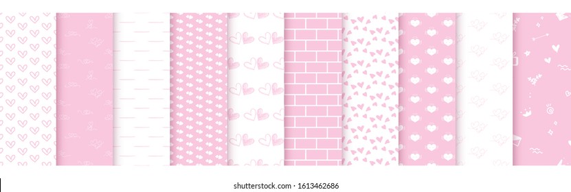 Set of seamless pattern for Valentines Day. Vector illustration.